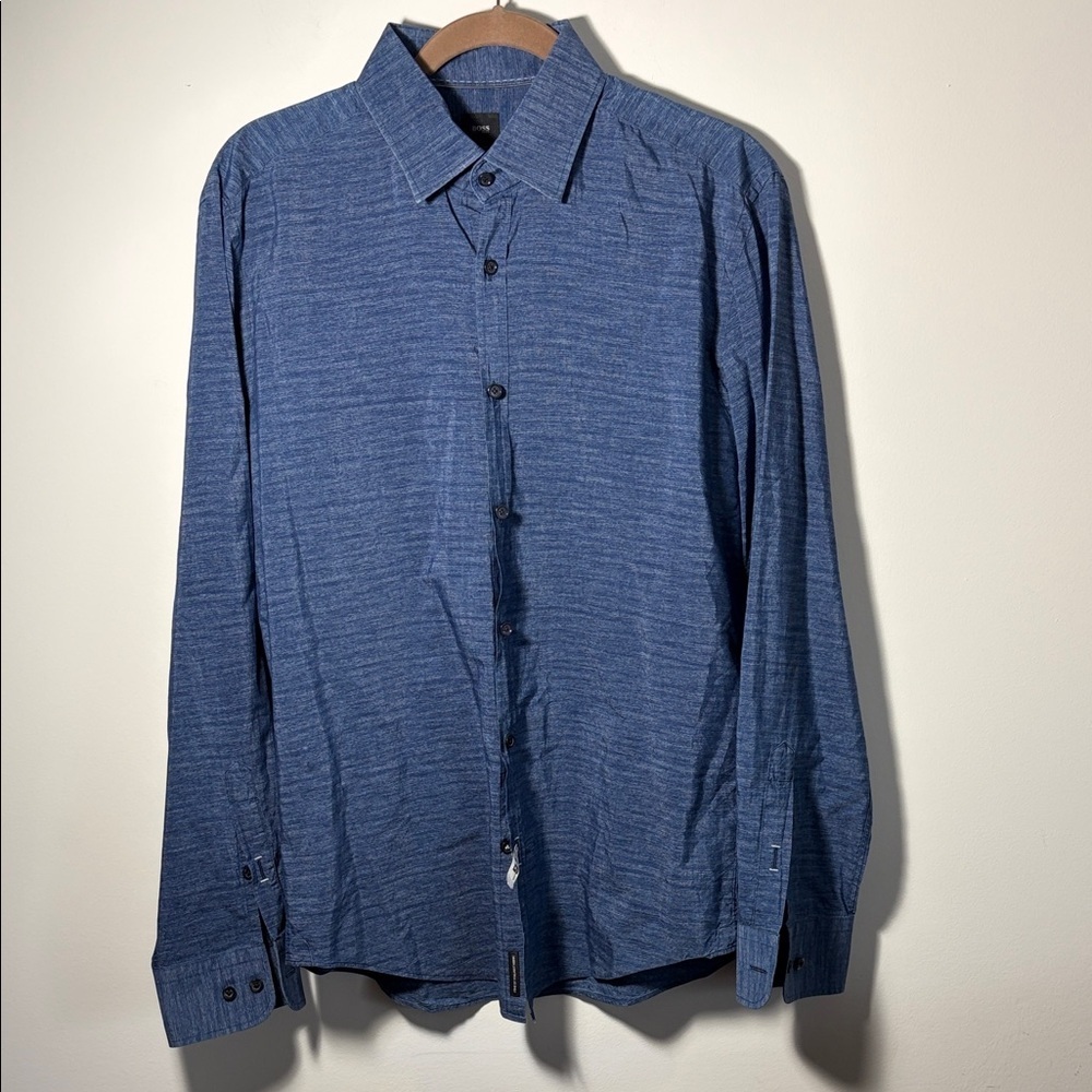 Men's Hugo Boss Tailored Dress Shirts Heather Blue- Cotton/Silk - L